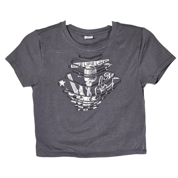 Vibe N’ Tops - Vibe N' Cropped T-Shirt Juniors Medium Gray Live Life Loud Rock Tee Cutout
